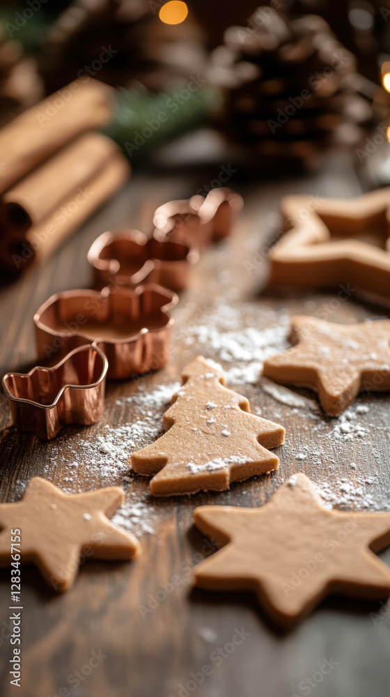 Holiday baking preparation with gingerbread dough and festive cookie cutters Holiday baking preparation with gingerbread dough and festive cookie cutters