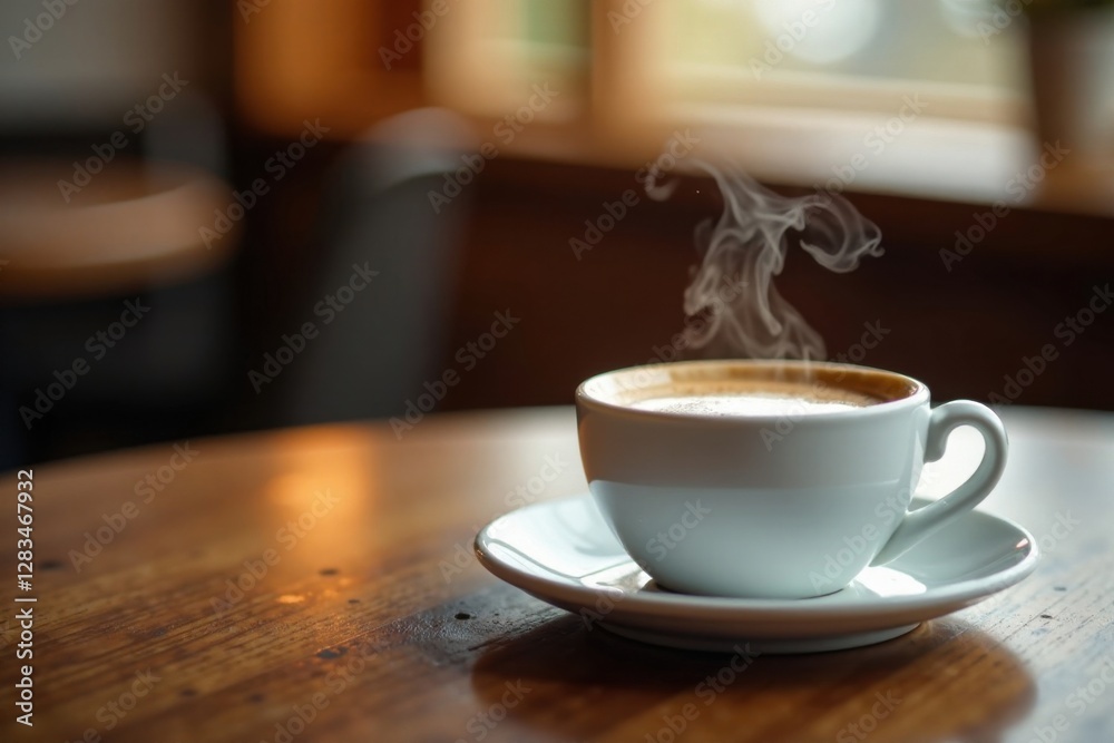 Fototapeta premium Espresso in small white cup on wooden table, steam rising from surface, liquid, steam, table