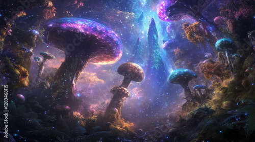 Mystical Forest with Iridescent Mushrooms and Luminescent Ferns