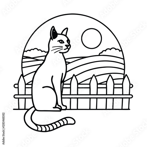 Cat Sitting on Fence - Line Art Drawing with Scenic Background color page for kids