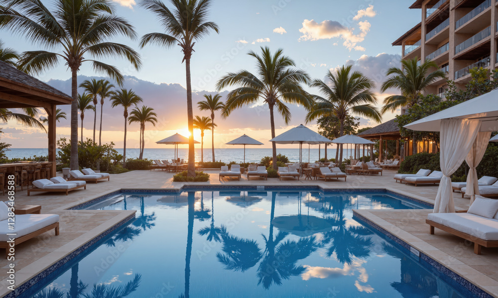 Luxury Beach Resort Pool with Poolside Bars, Sun Loungers, and Ocean Views A luxurious beach resort pool with poolside bars, sun loungers,