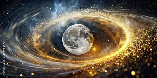 Glowing silver moon amidst a swirling vortex of golden particles against a dark cosmic background, cosmic background, space mystery