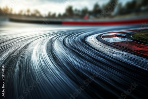 Curving asphalt track glistens under low light during a motorsport event