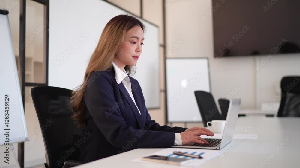 Young Asian businesswoman in a formal suit having a video conference on a laptop in a modern office Young Asian businesswoman in a formal suit having a video conference on a laptop in a modern office