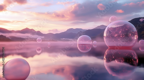 Floating Orbs Above a Calm Lake at Dusk