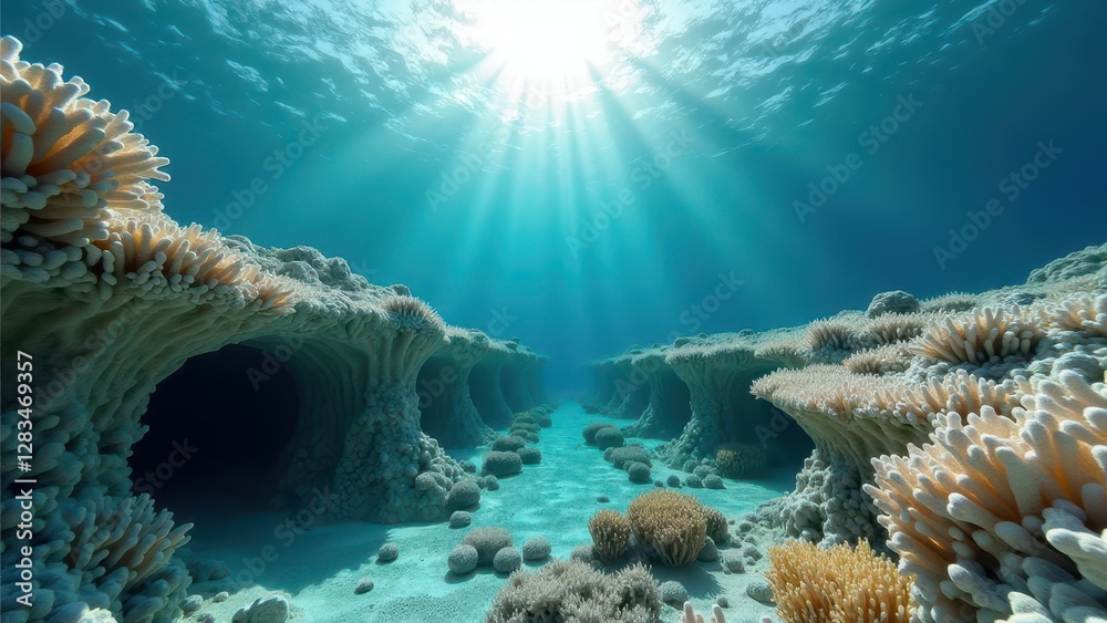 Fototapeta premium Underwater view of a coral reef affected by bleaching with sun rays filtering through clear ocean water 