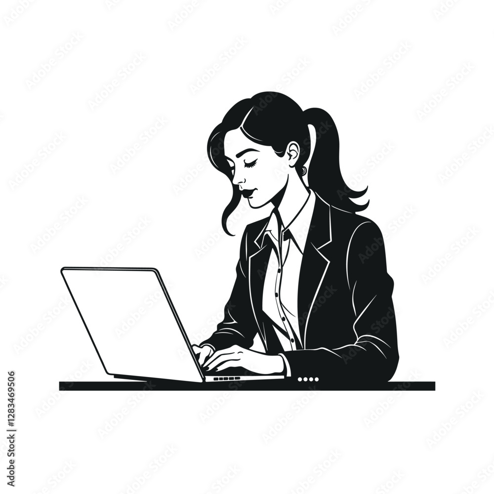 Professional Woman Working on Laptop Illustration Professional Woman Working on Laptop Illustration