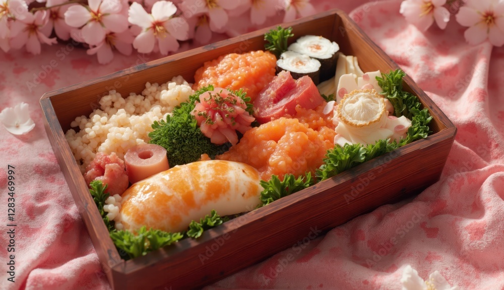 A wooden bento box filled with Japanese delicacies is presented on a floral pink cloth, decorated with fresh cherry blossoms, creating a perfect seasonal meal. A wooden bento box filled with Japanese delicacies is presented on a floral pink cloth, decorated with fresh cherry blossoms, creating a perfect seasonal meal.