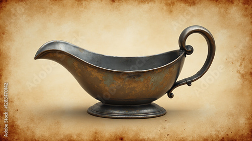 Vintage metal gravy boat on rustic background