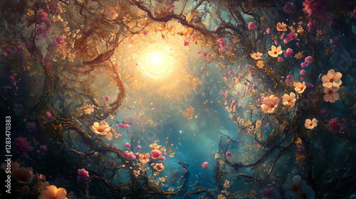 Surreal garden of floating blossoms and twisting vines