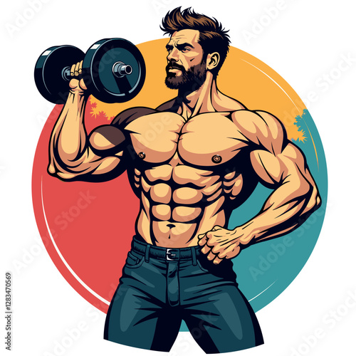 Muscular Bodybuilder Lifting Heavy Dumbbell