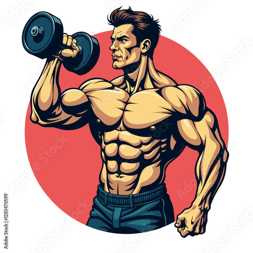 Muscular Bodybuilder Lifting Heavy Dumbbell