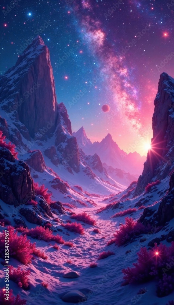 Fototapeta premium Ethereal landscape with shimmering holographic crystals and nebulae, universe, ethereal, crystals