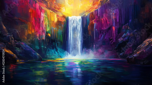 Majestic waterfall over luminous jewel-toned cliffs and shimmering pool