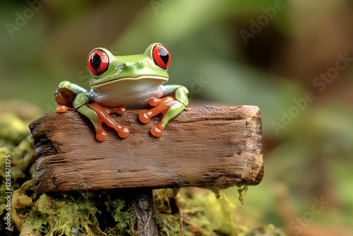 Red Eyed Tree Frog on a rustic wooden sign on tropical island beach backdrop with sea, white sand, and palm trees, travel vacation on exotic caribbean destination