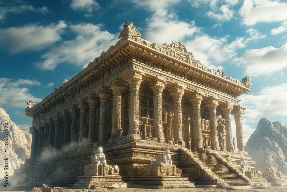 Obraz premium Ancient temple built from stone in a majestic mountain landscape under bright blue sky