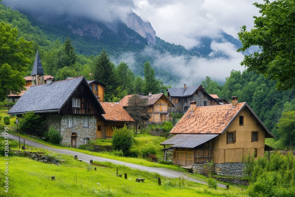 Scenic view of traditional village surrounded by mountains on a cloudy day Scenic view of traditional village surrounded by mountains on a cloudy day