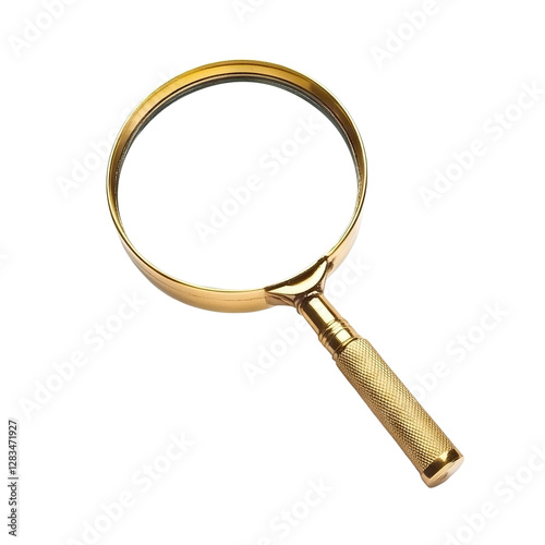 Golden magnifying glass, isolated on transparent cutout background