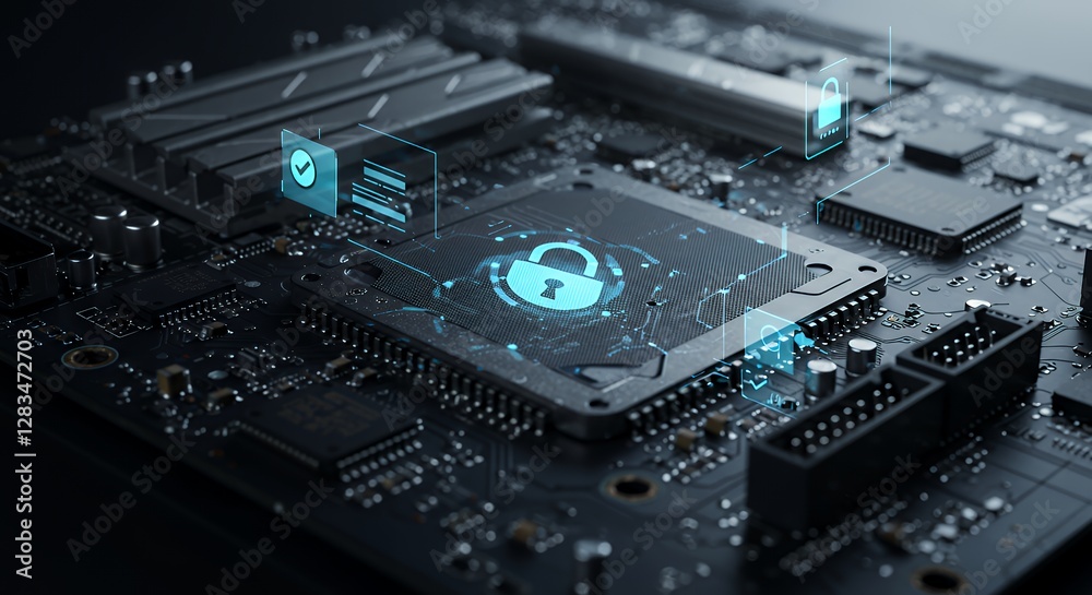 Cybersecurity System on Motherboard with Security Padlock, Data Protection Cybersecurity System on Motherboard with Security Padlock, Data Protection