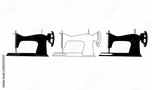 Vector icon set of vintage sewing machines in black and white. Perfect for tailoring, fashion design, craft projects, and retro-themed illustrations