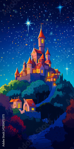 Storybook Illustration of Castle. Digital Fairytale Art. Generative AI