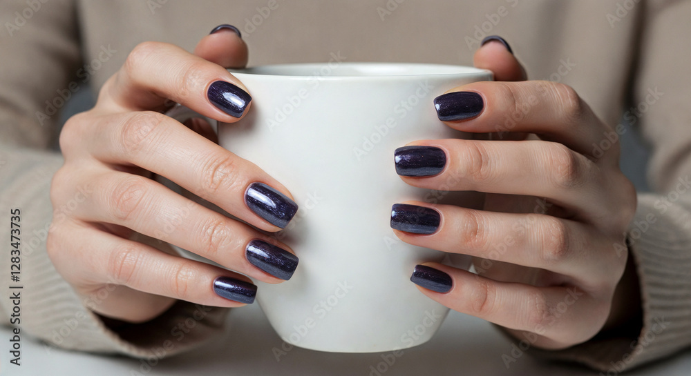 Woman's hands with Future Dusk nail design holding white cup, cozy aesthetic, 2025 trend Woman's hands with Future Dusk nail design holding white cup, cozy aesthetic, 2025 trend