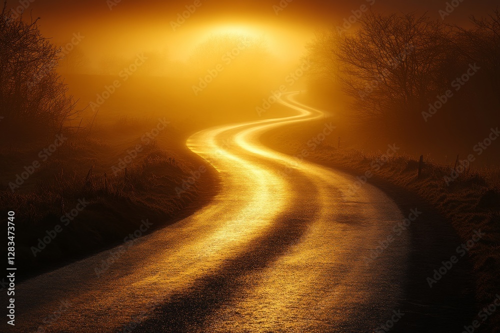 Sunrise casts a golden glow on winding road in misty countryside landscape Sunrise casts a golden glow on winding road in misty countryside landscape
