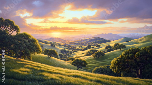 A harmonious landscape of rolling hills and sunsets