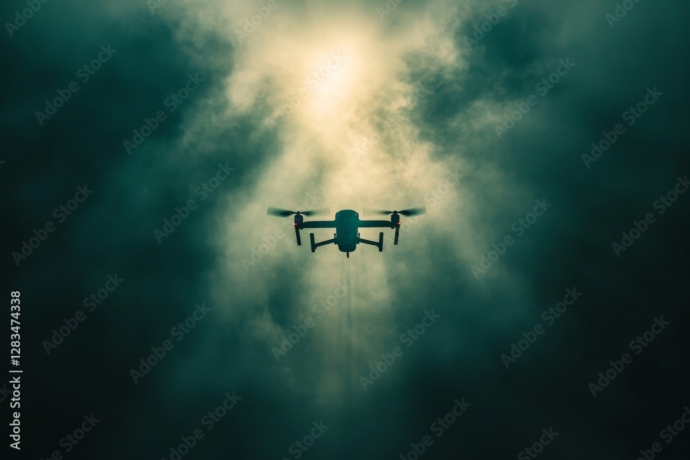 Fototapeta premium Drone flying through foggy skies with sunlight breaking through clouds