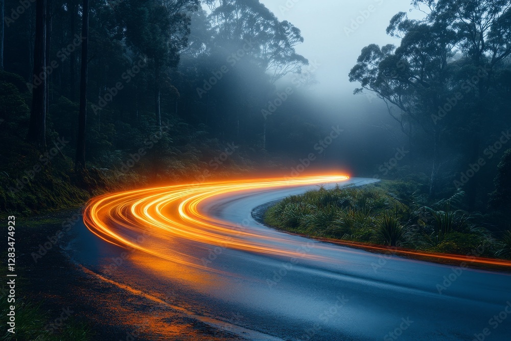 Fototapeta premium Elegant curves of a winding road at dusk with glowing lights illuminating the misty landscape