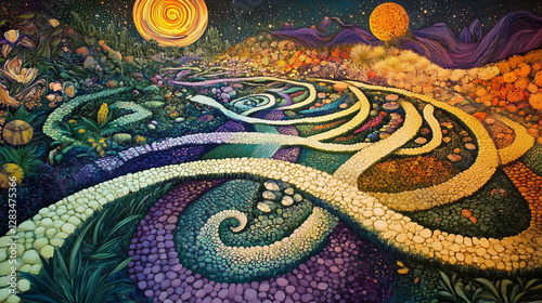 A captivating labyrinth of paths and vibrant murals