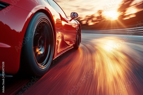 Red sports car in motion at sunset on a winding track with brilliant light reflections