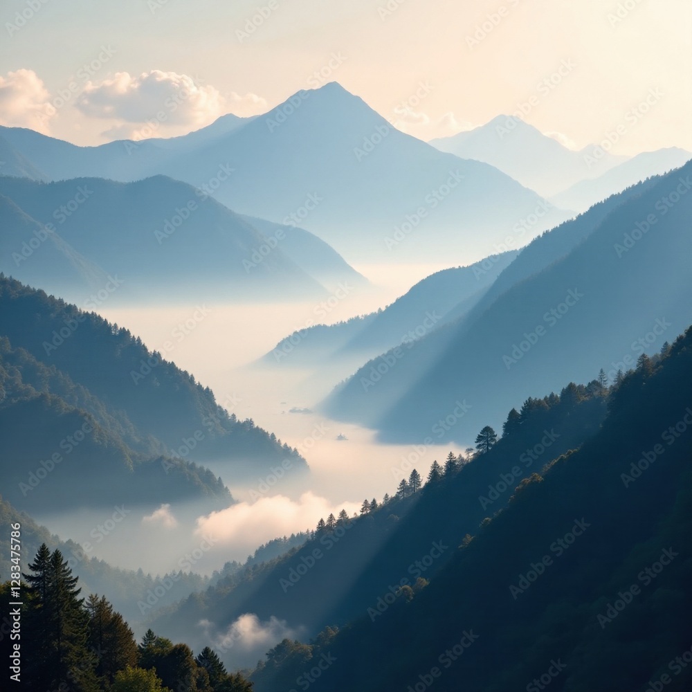 Fototapeta premium Ethereal wisps of fog dance amidst misty mountains, abstract, mist, vector