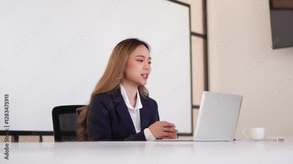 Asian businesswoman presenting ideas during an online meeting in a bright office space Asian businesswoman presenting ideas during an online meeting in a bright office space
