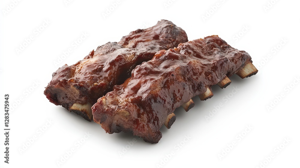 Charcoal-grilled pork ribs with a glaze of barbecue sauce, the meat tender and smoky, served with side dishes Charcoal-grilled pork ribs with a glaze of barbecue sauce, the meat tender and smoky, served with side dishes