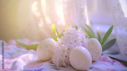 International Nowruz: A close-up of ornate eggs and blooming hyacinths on a floral tablecloth, soft sunlight glowing through a sheer curtain, blurred pastel background, vibrant spring essence