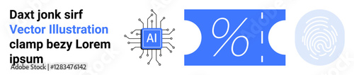 AI chip connected to circuits, blue percentage tag indicating discounts, fingerprint symbolizing security and identification. Ideal for technology, automation, shopping, biometrics, sales, futuristic