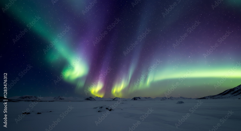 Naklejka premium Aurora Borealis Dancing Over Snowy Landscape at Night in Winter