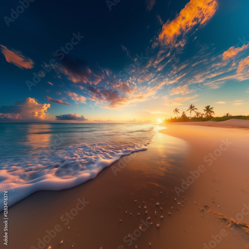 Tropical sunrise on exotic island beach with sea waves on the sandy shore and palm trees lagoon caribbeans