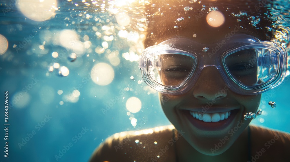 Smiling child underwater in swimming pool looking up, enjoying summer vacation, wearing goggles, playful moment, healthy lifestyle, ocean fun. Smiling child underwater in swimming pool looking up, enjoying summer vacation, wearing goggles, playful moment, healthy lifestyle, ocean fun.