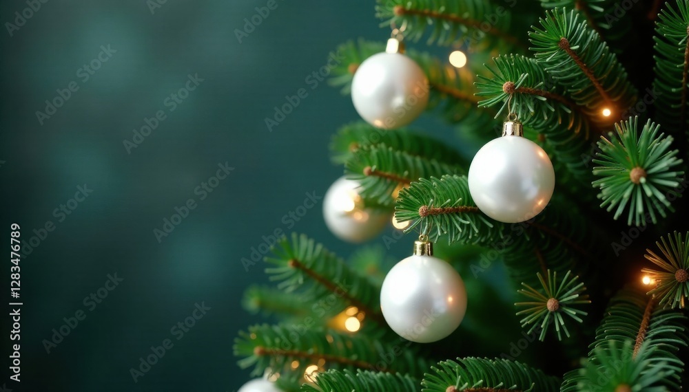 Fototapeta premium Evergreen fir tree with white ornaments and lights , frosty, decoration, evergreen