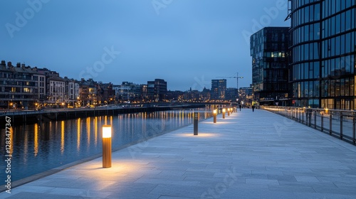 Wallpaper Mural City waterfront at twilight, modern buildings, calm river.  Possible stock use stock photo Torontodigital.ca