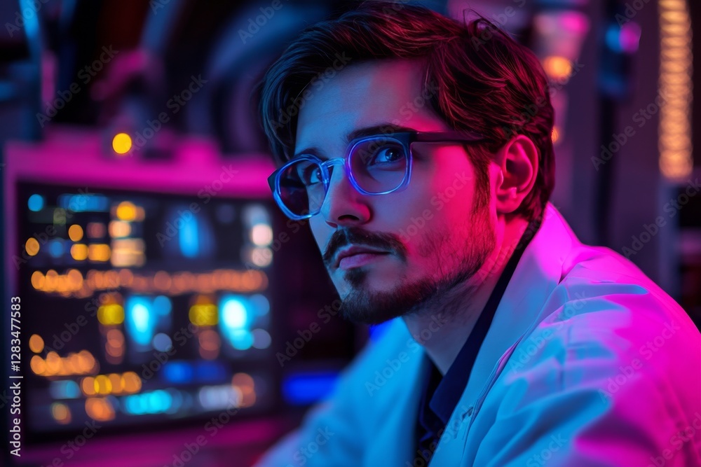 Scientist working in a high-tech lab with colorful lighting and advanced equipment during evening hours Scientist working in a high-tech lab with colorful lighting and advanced equipment during evening hours