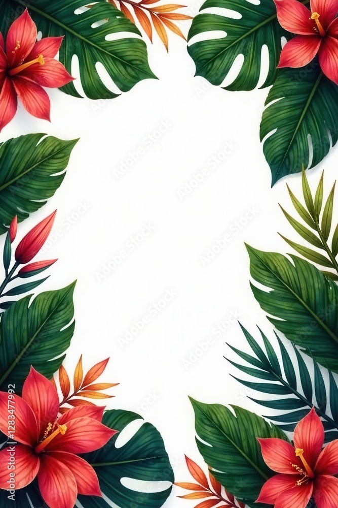Fototapeta premium Exotic Bird Feathers with Tropical Leaves and Flowers, exotic, leaves, flowers