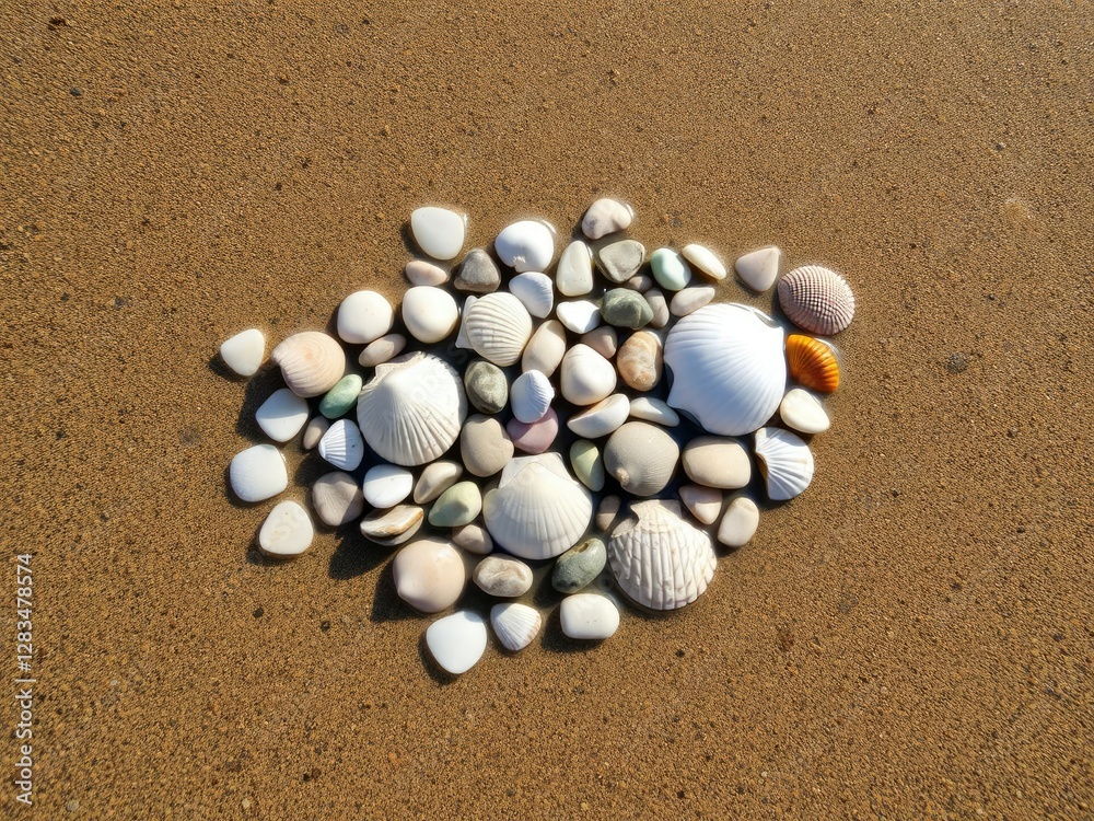 A collection of seashells and sea pebbles arranged artfully in a shallow pool of water on the beach, beachcombing, sand texture, marine life A collection of seashells and sea pebbles arranged artfully in a shallow pool of water on the beach, beachcombing, sand texture, marine life