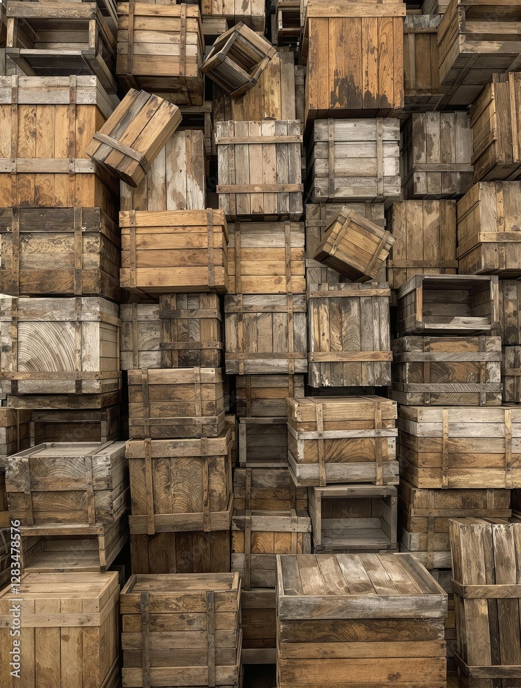 A collection of old, weathered wooden crates and boxes, natural containers, forest finds A collection of old, weathered wooden crates and boxes, natural containers, forest finds