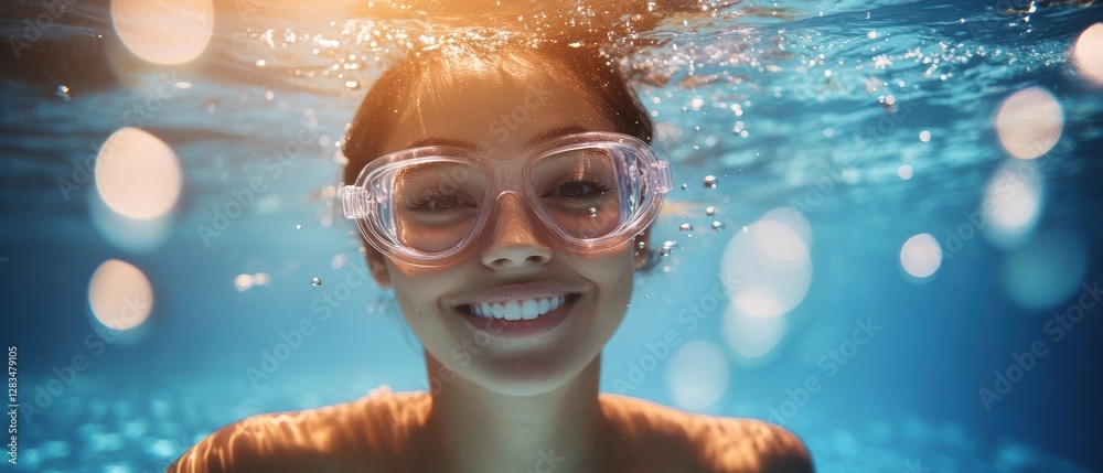 Fototapeta premium Smiling woman underwater in swimming pool wearing goggles enjoying summer vacation and leisure time, fun experience, relaxation and fitness lifestyle.
