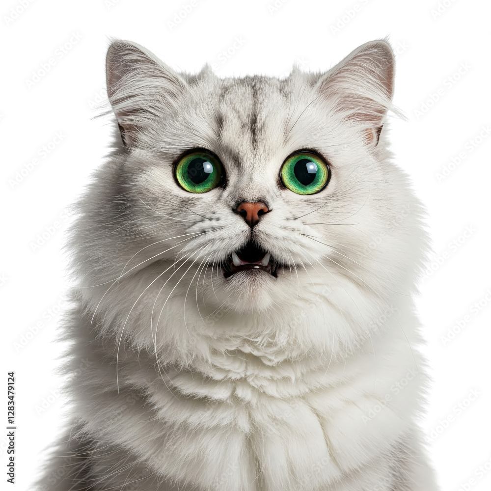 Adorable fluffy white cat with striking green eyes looking curiously at the viewer Adorable fluffy white cat with striking green eyes looking curiously at the viewer