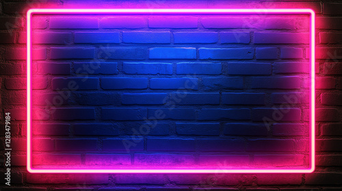 Neon frame on a brick wall background with copy space. Blue and pink glowing lights in a retro style