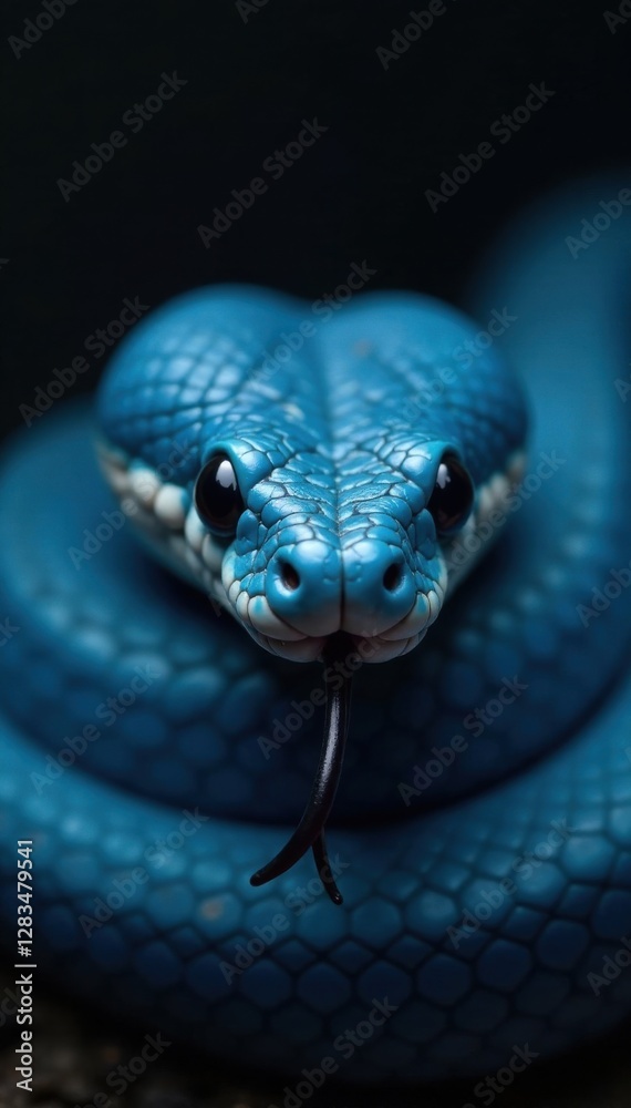 Small blue snake with forked tongue, coiled close up face shot, snake close-up, scaly skin Small blue snake with forked tongue, coiled close up face shot, snake close-up, scaly skin